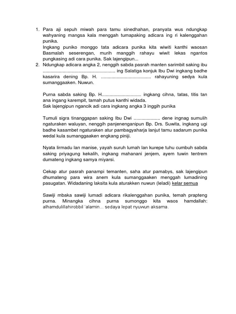 Mardu mardikaning penggalih awit kerawuhan panjenengan sarombongan, sapangombyong temanten kakung. Adicara Boyong Pdf