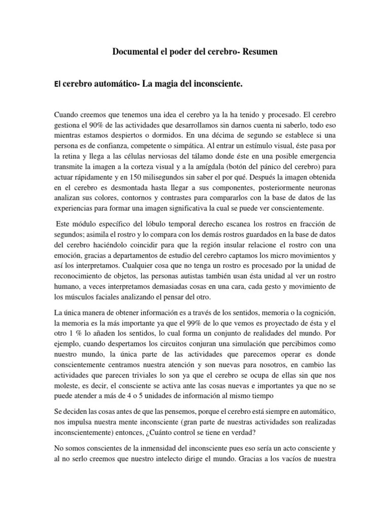 Resumen Documental El Poder Del Cerebro | PDF | Percepción Visual | Cerebro