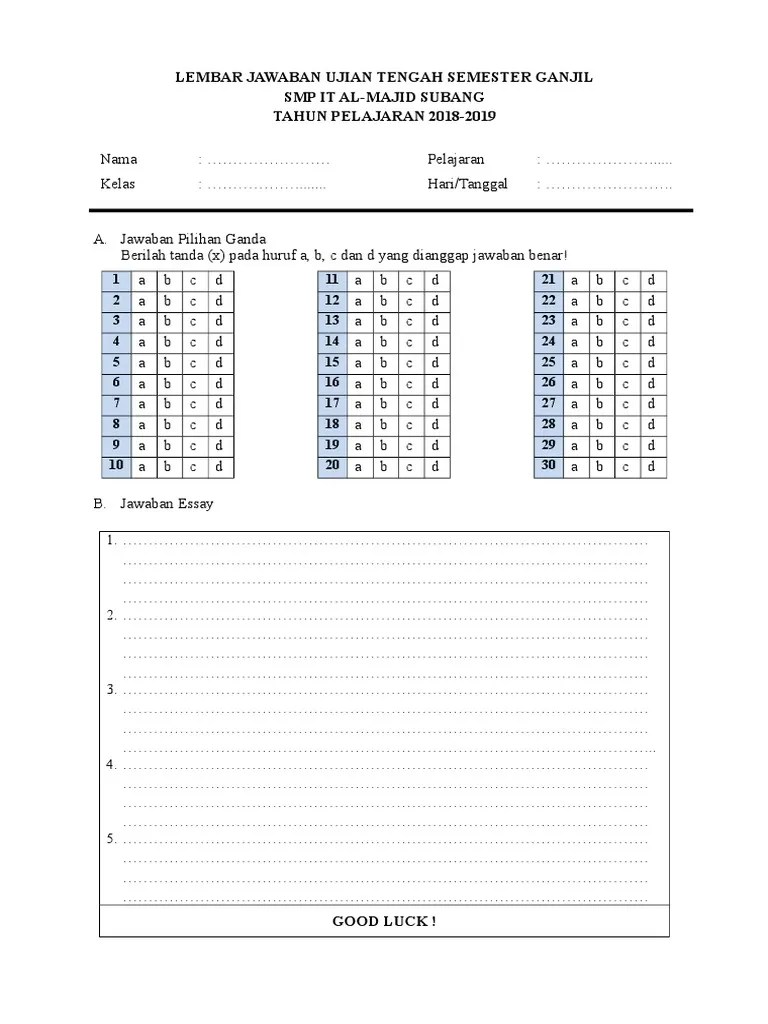 Contoh soal matematika kelas 4 sd semester 2 2019 . Format Lembar Jawaban Pilihan Ganda Dan Essay Goresan