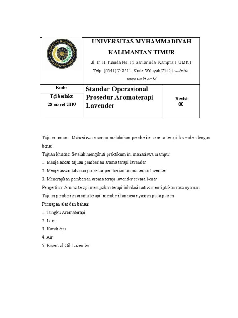 Lampiran 4 lembar observasi pengaruh pemberian aromaterapi lavender terhadaptekanan darah pada penderita hipertensi lampiran 5 lembar standart operasiol prosedur (sop) aromaterapi lampiran 6 lembar standart operasiol prosedur (sop) tekanandarah lampiran 7 lembar surat pre survey data, studi pendahuluan dan penelitian Standar Operasional Prosedur Aromaterapi Lavender Pdf