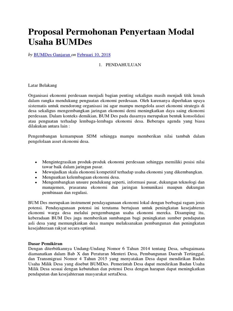 Proposal bantuan keuangan kepada pemerintah desa untuk badan usaha milik desa (bumdes) tahun 2016pemerintah desa wonor. Proposal Permohonan Penyertaan Modal Usaha Bumdes Pdf