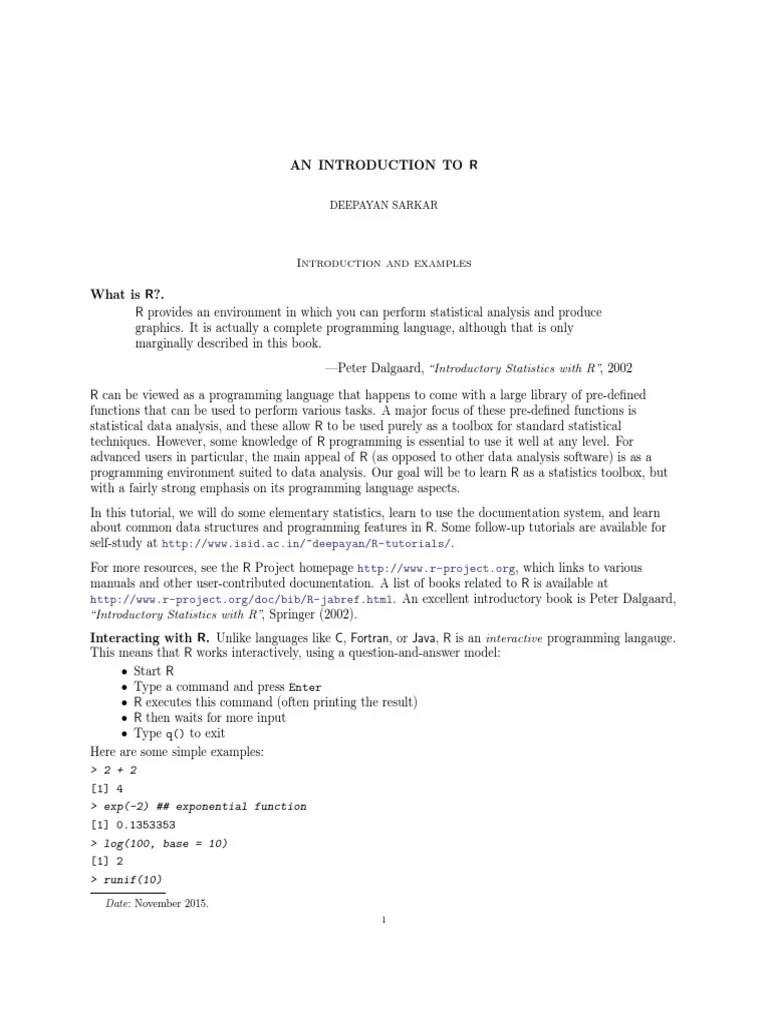 R Introduction By Deepayan Sarkar | PDF | R (Programming Language ...