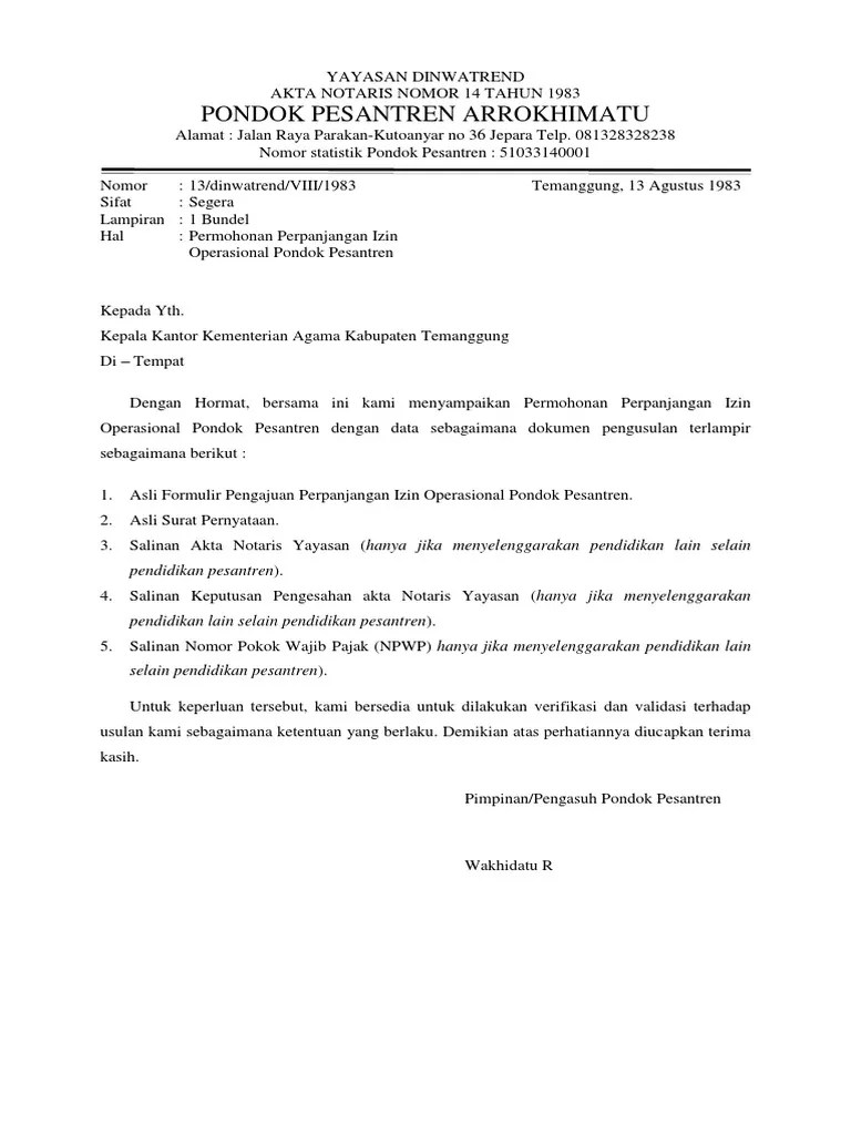 (5) surat permohonan nomor register dan ringkasan hibah disusun sesuai format . Contoh Surat Izin Operasional Yayasan Nusagates