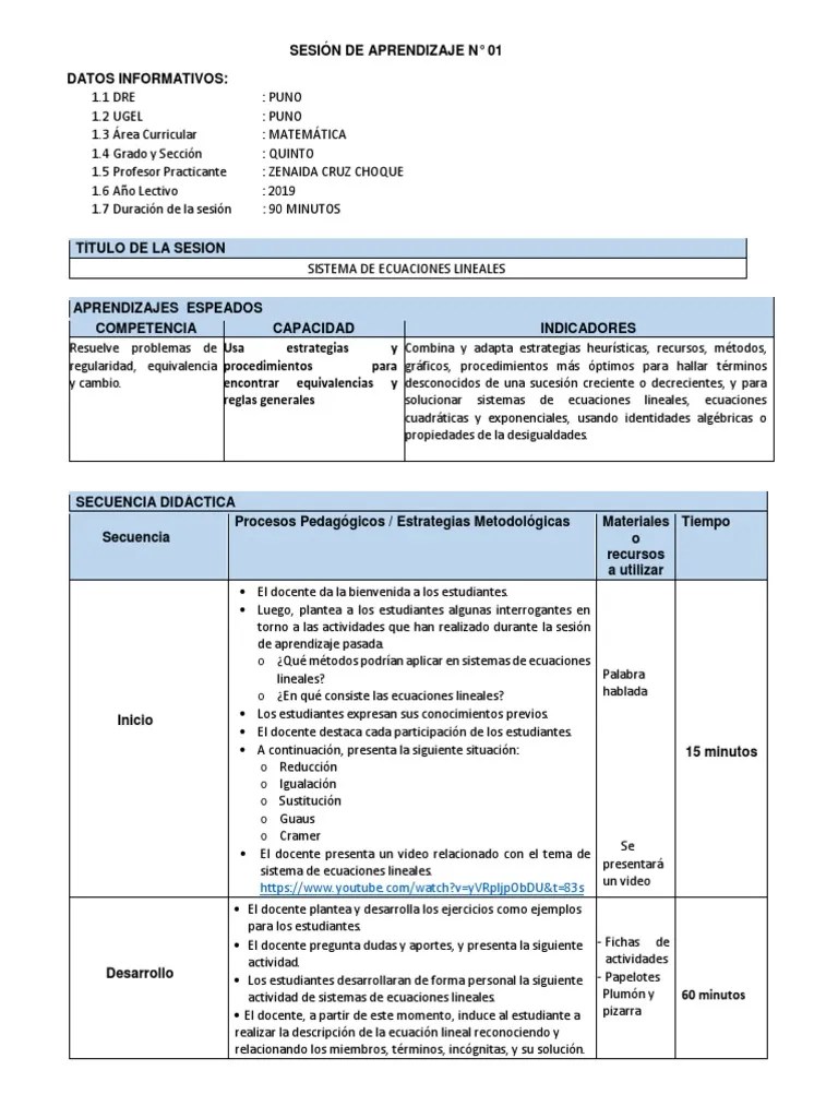 Sesion De Aprendizaje #01 | PDF | Sistema De Ecuaciones Lineales | Ecuaciones