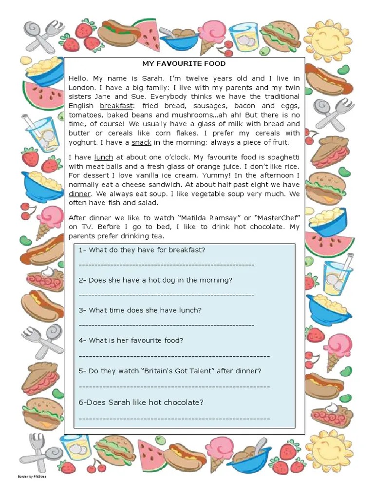 my favourite food reading comprehension exercises 107510