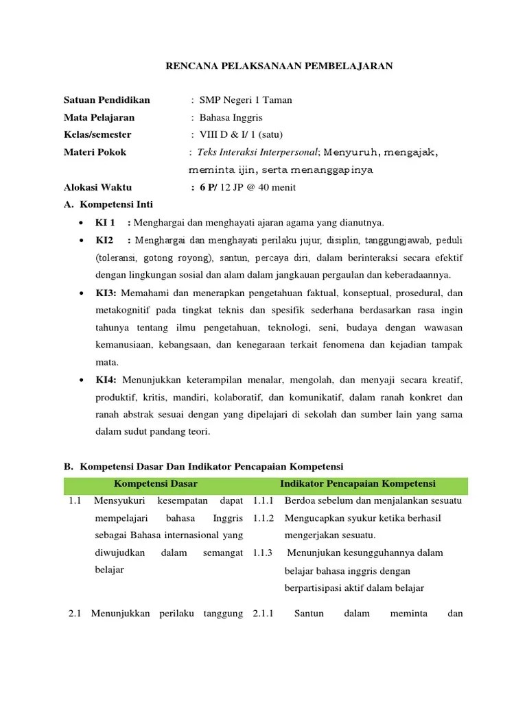 Rencana pelaksanaan pembelajaran (rpp) bahasa inggris kelas viii smp kurikulum 2013 semester 1 (ganjil) secara lengkap diberikan kepada . Rpp Bahasa Inggris Smp Kelas 8 Kd 21 Revisi Id