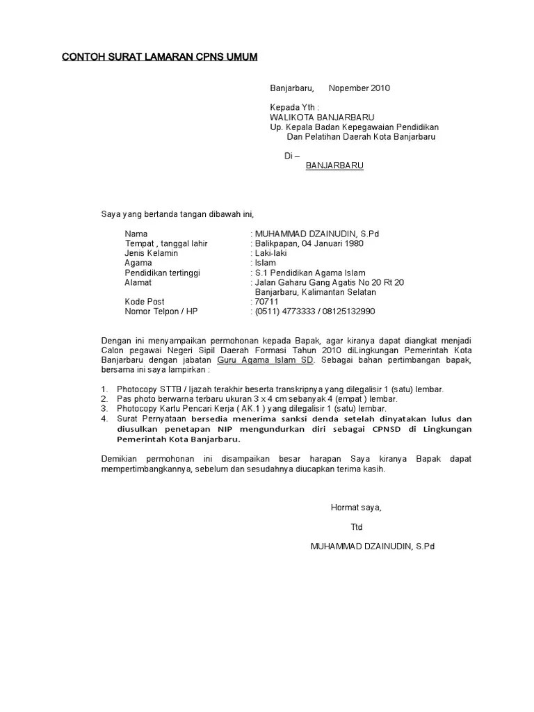 Contoh Surat Lamaran Untuk Pelamar Umum Cpns Kabupaten Tanah Laut Cute766