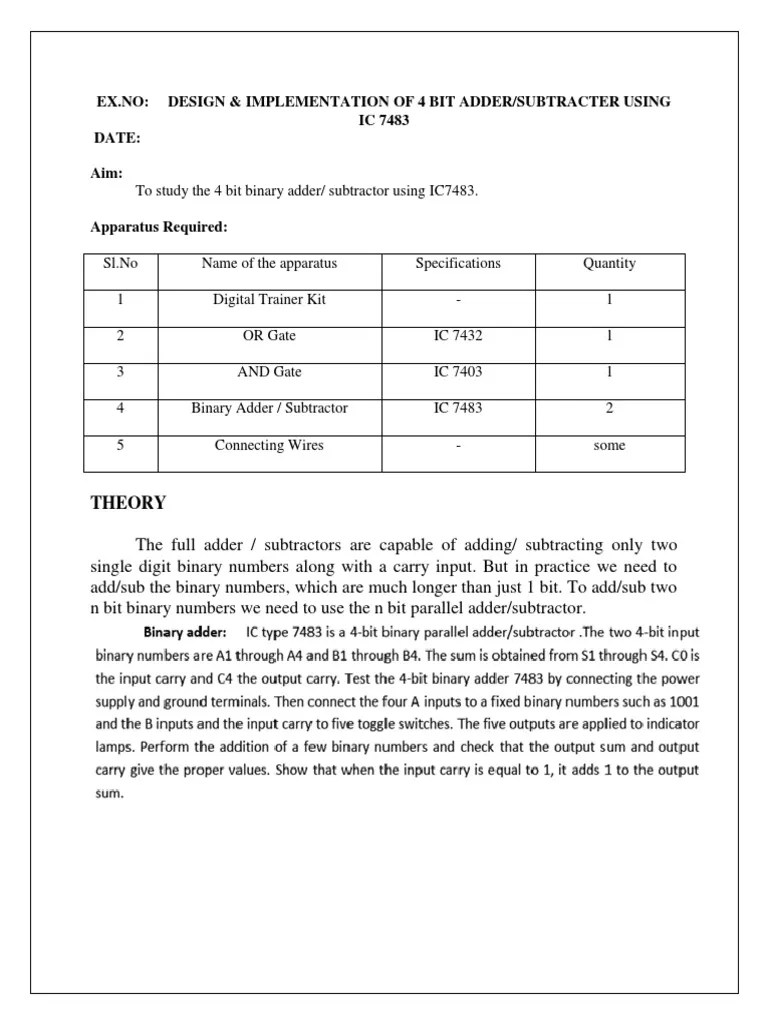 Design And Implementation Of A 4-Bit Binary Adder/Subtractor Using The IC7483 Integrated Circuit ...
