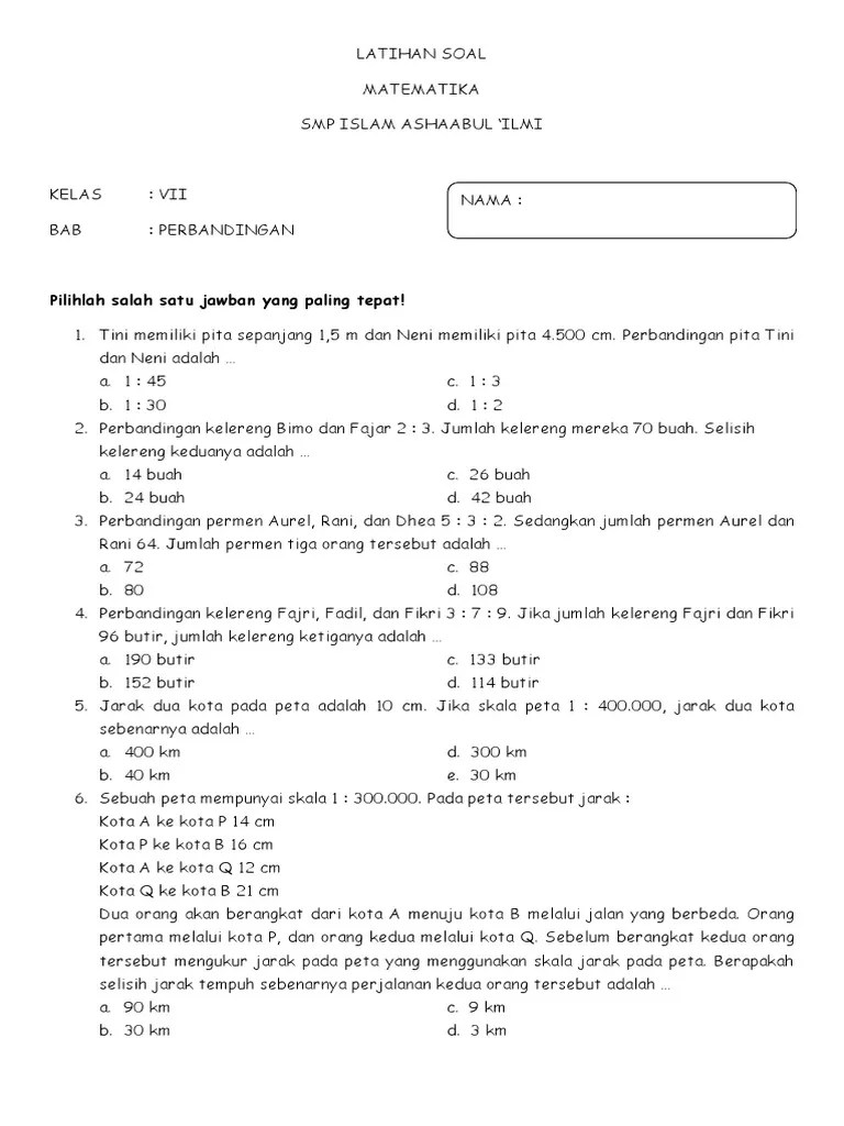 Sebuah panti asuhan memiliki persediaan . Kelas 7 Latihan Soal Perbandingan Pdf