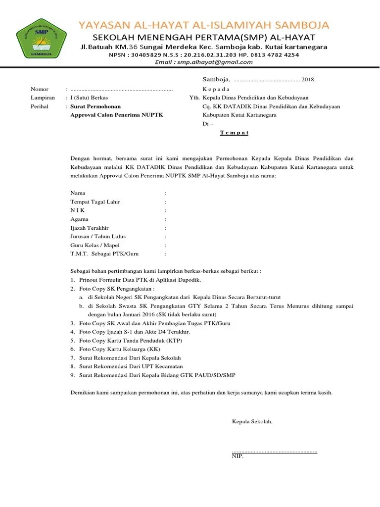 Contoh formulir pengajuan ini buat seluruh guru honorer baru maupun sudah lama satu tauan atau dua tahun mengajar. Contoh Surat Pengantar Dari Kepala Sekolah Untuk Pengajuan Nuptk Nusagates