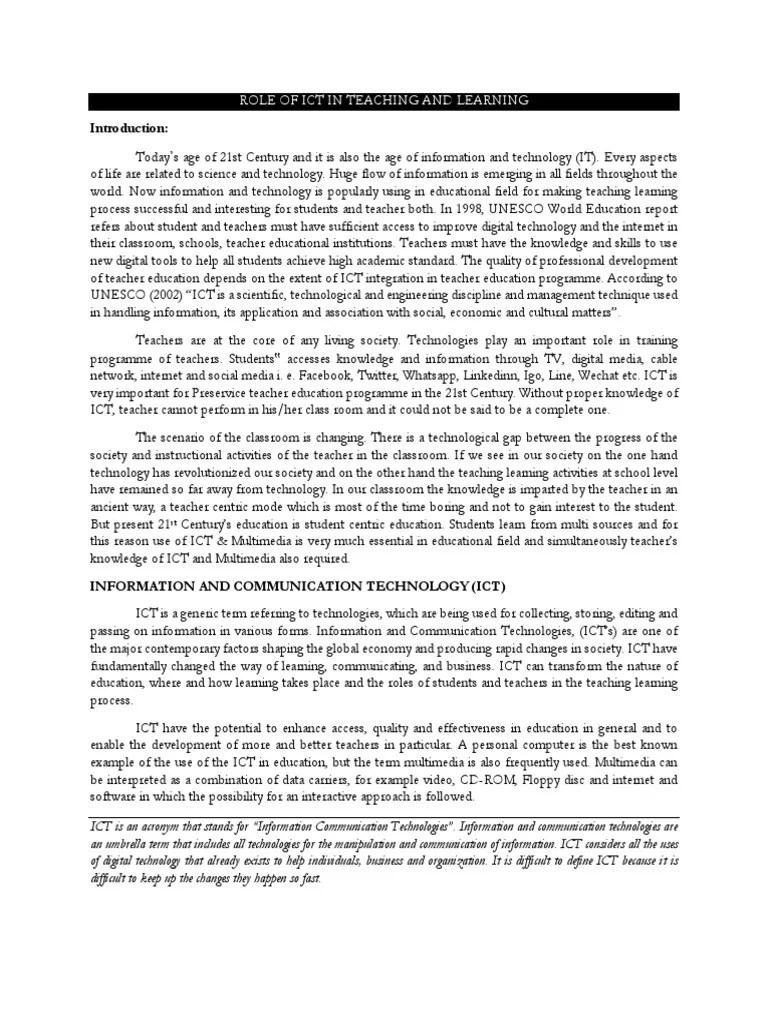Role Of Ict In Teaching And Learning | PDF | Educational Technology ...