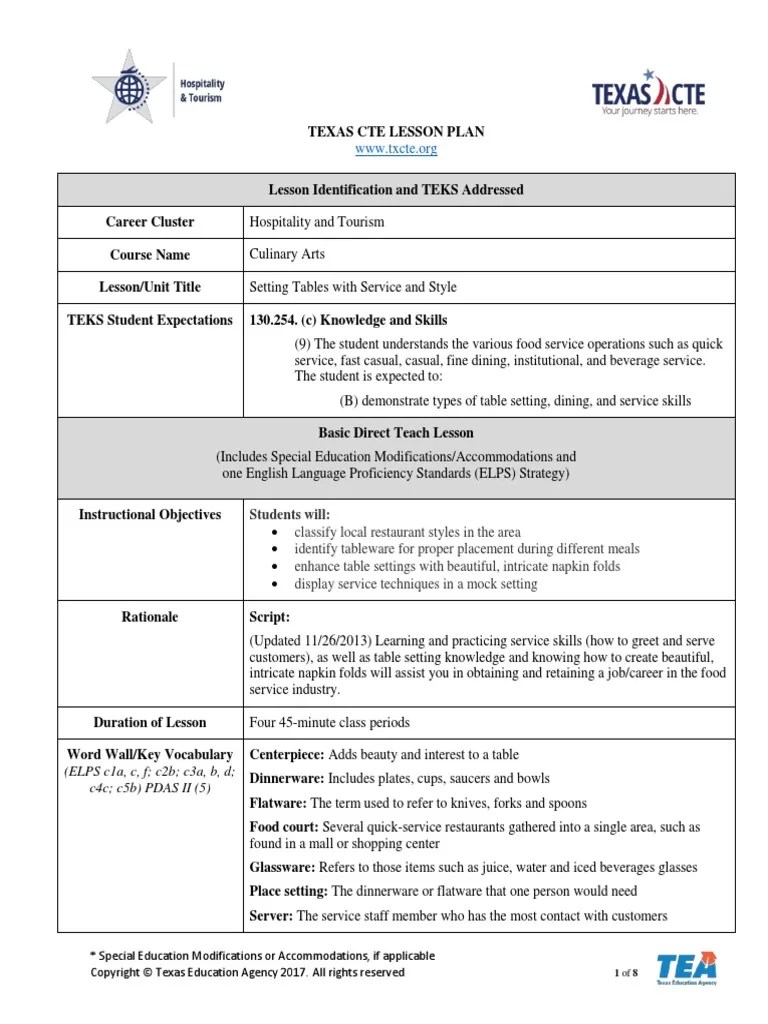 Lesson Plan Setting Tables With Service And Style | PDF | Tableware | Restaurants