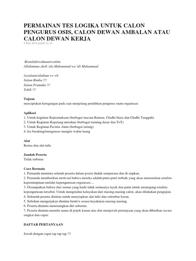 Contoh tes ketelitian yang biasa diujikan adalah sebagai berikut : Permainan Tes Logika Untuk Calon Pengurus Osis Pdf