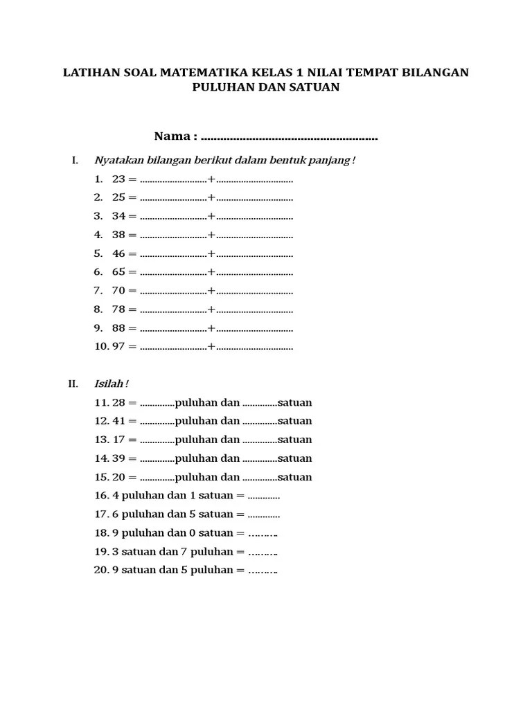 Latihan Soal Matematika Kelas 1 Nilai Tempat Bilangan Puluhan Dan ...