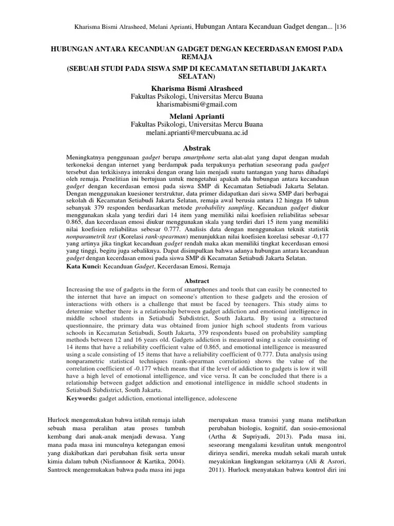 Hubungan Antara Kecanduan Gadget Dengan Kecerdasan Emosi Pada Remaja Jurnal  | PDF