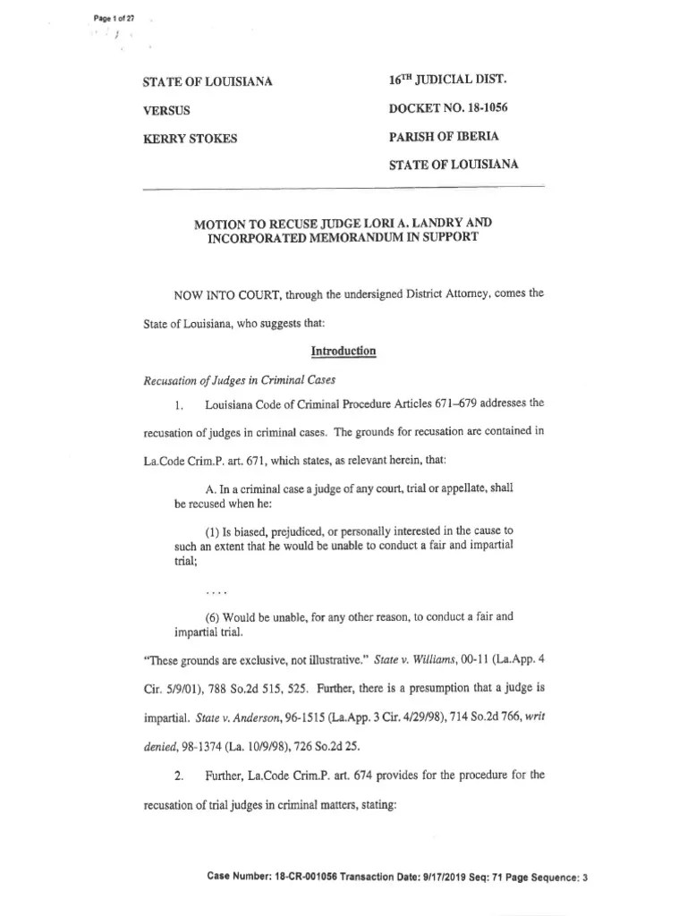 Motion To Recuse Judge Lori Landry And Incorporated Memorandum In ...