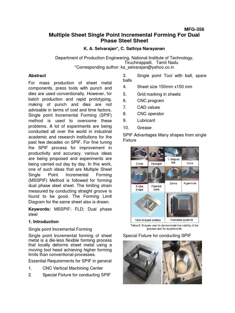 Multiple Sheet Single Point Incremental Forming For Dual Phase Steel Sheet | PDF | Sheet Metal ...