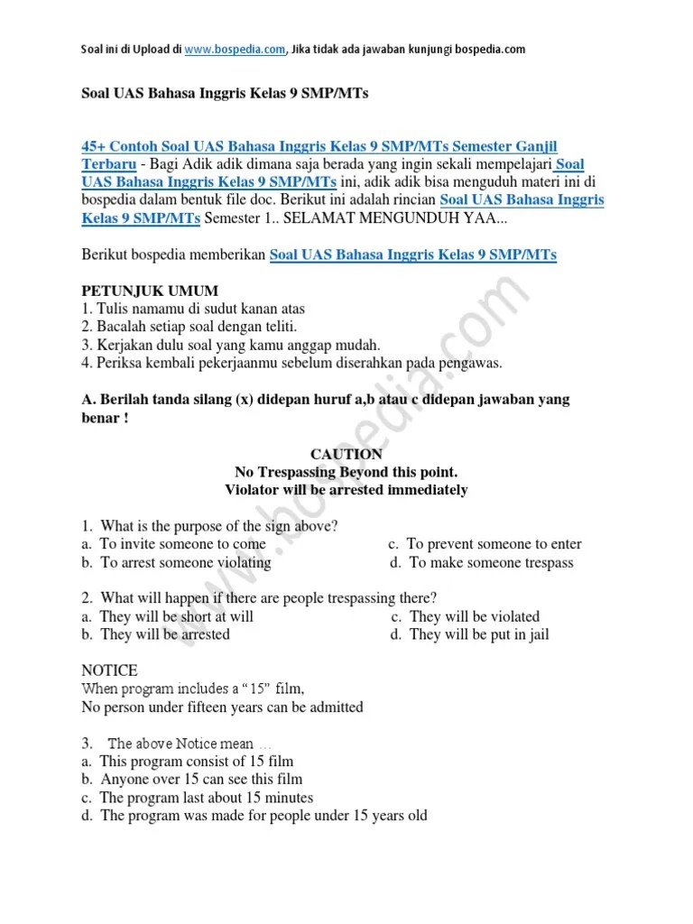 09.06.2020 · soal matematika smp kelas 7 semester 1 dan kunci jawaban. Soal Uas Bahasa Inggris Kelas 9 Smp Mts Semester Ganjil Pdf Nature