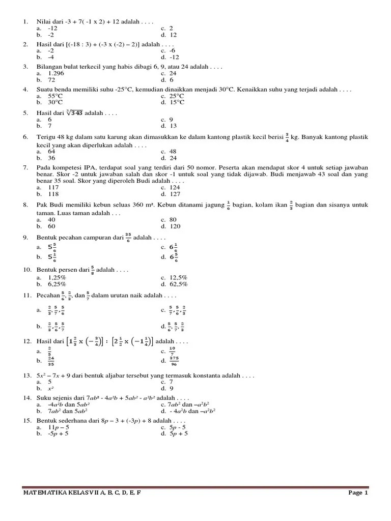 Soal Mat SMSTR I Iin Kls 7 | PDF