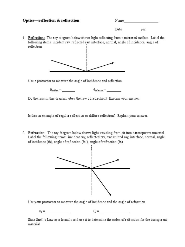 Optics Worksheet | PDF | Reflection (Physics) | Refraction