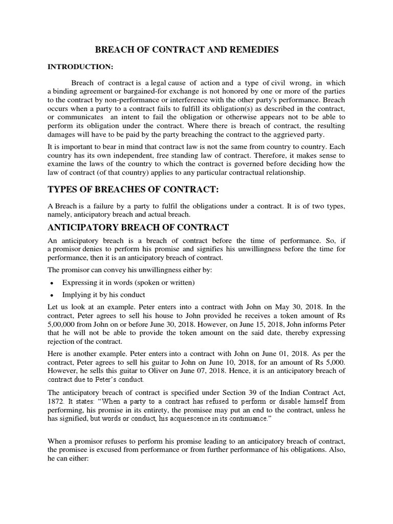 Breach Of Contract And Remedies | PDF | Breach Of Contract | Damages