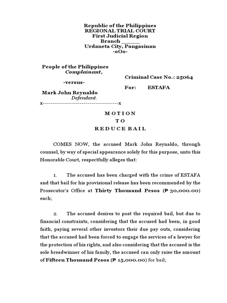 Motion To Reduce Bail Philippines | PDF | Bail | Criminal Procedure