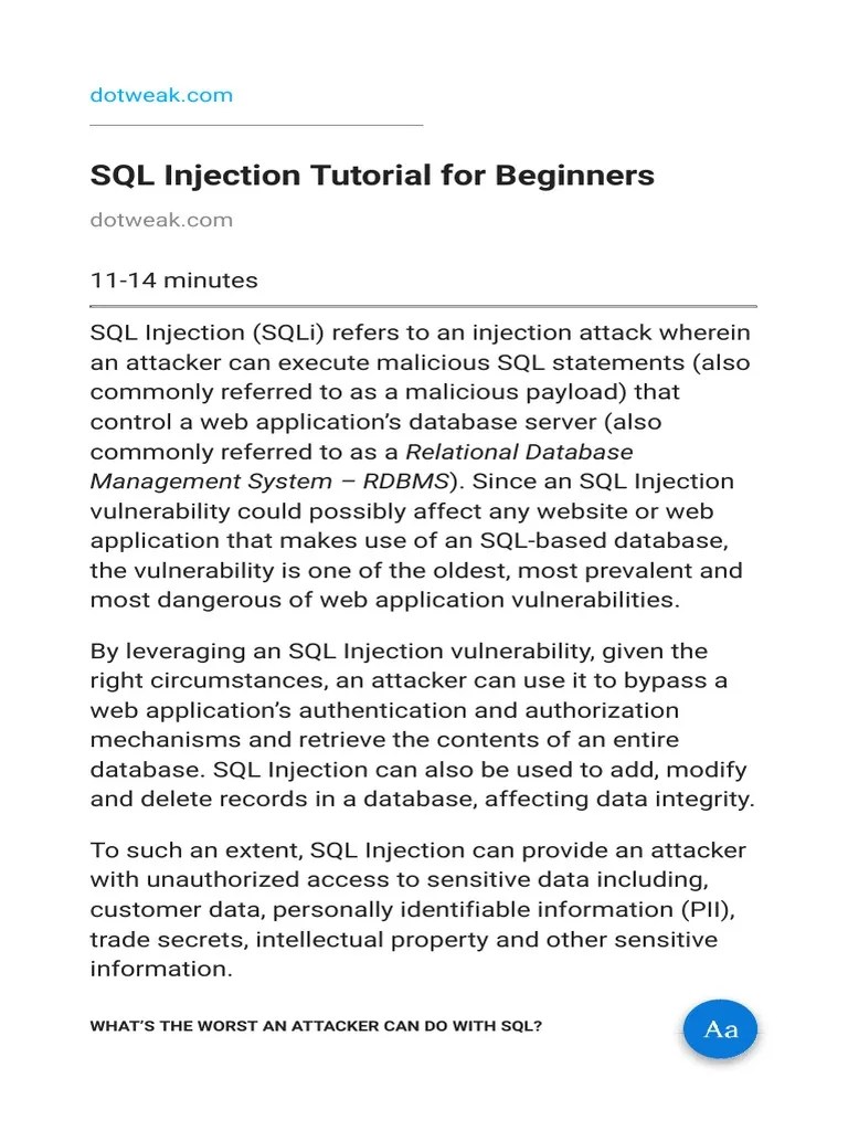 SQL Injection Tutorial For Beginners | PDF | Sql | Databases
