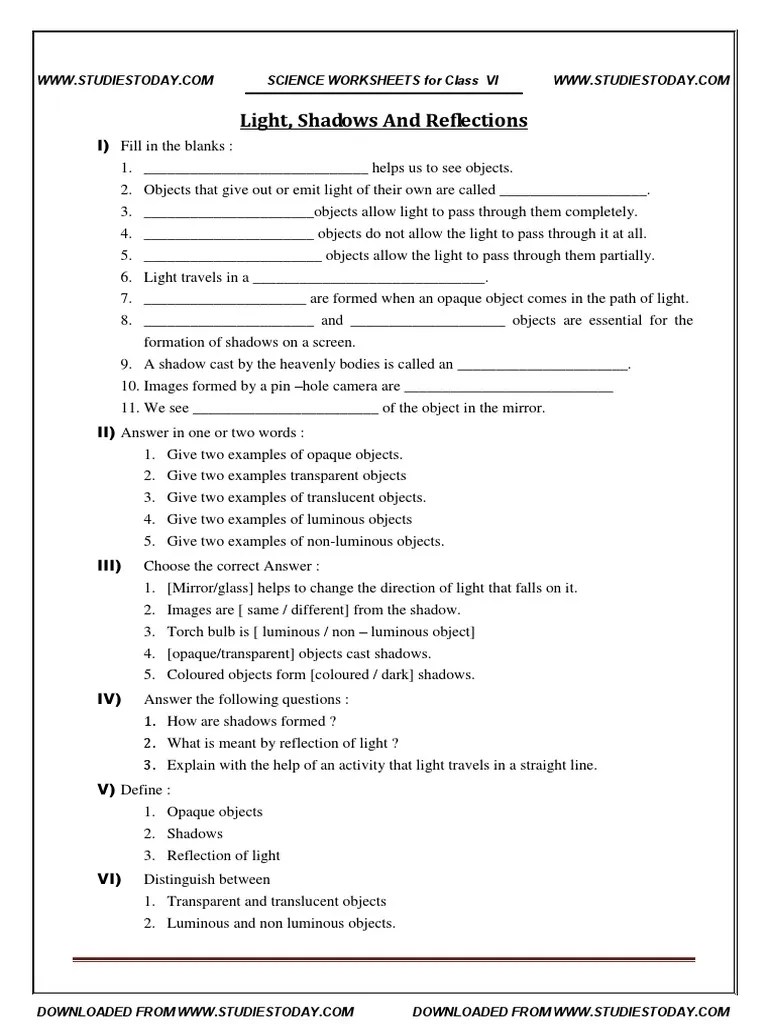 cbse class 6 worksheet light shadows and reflections shadow atomic