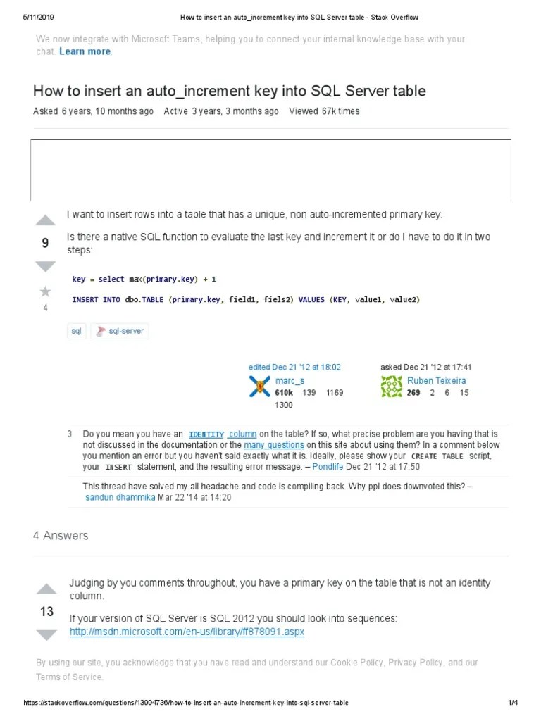 How To Insert An Auto - Increment Key Into SQL Server Table - Stack ...