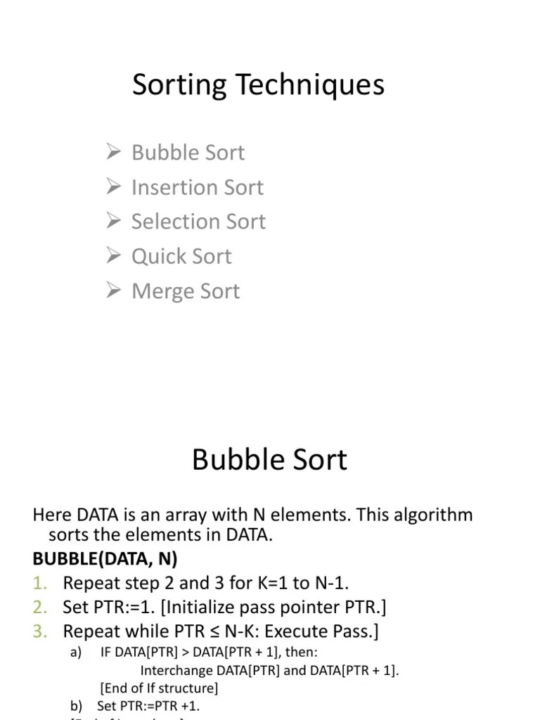 Sorting Techniques: Bubble Sort Insertion Sort Selection Sort Quick ...