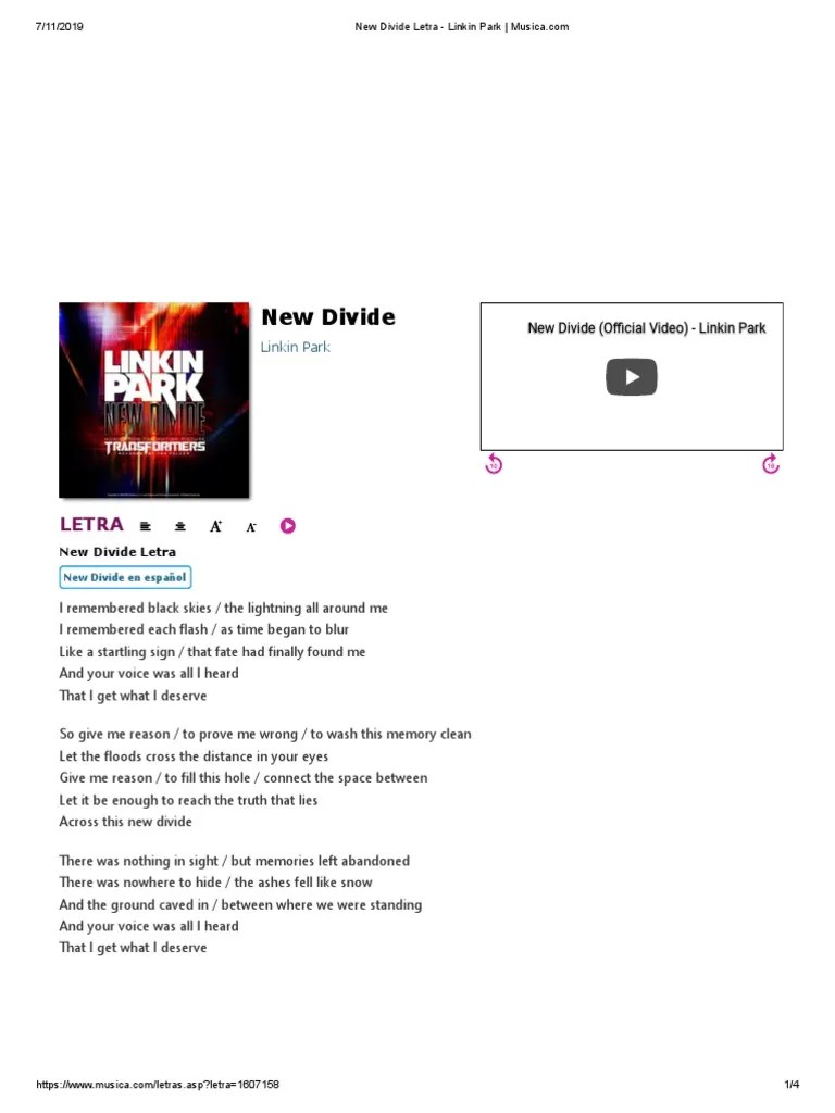 Sepertinya lagu ini berkisah tentang sebuah penghianatan yang . New Divide Letra Linkin Park Pdf Songs Written American Musicians