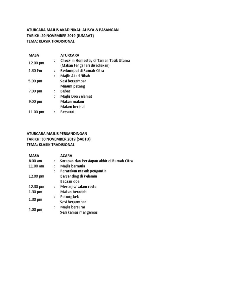 Aturcara Majlis Akad Nikah Alisya (Hebahan) | PDF