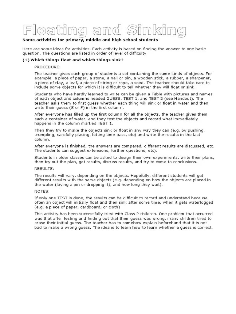 Floating And Sinking | PDF | Experiment | Weight