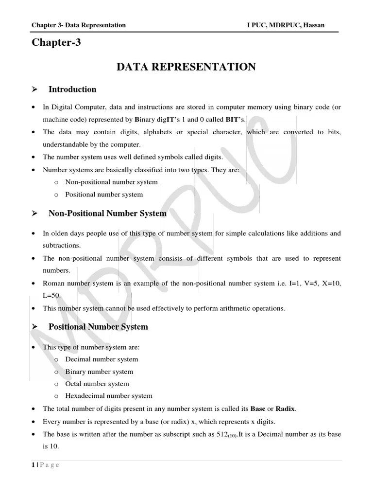 Chapter 3 Data Representation | PDF | Subtraction | Binary Coded Decimal