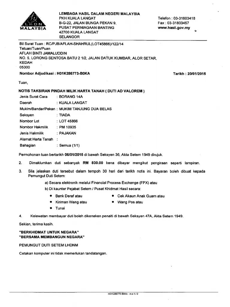 Address of lhdn cawangan siasatan alor setar is bandar alor setar . Bil Dan Notis Taksiran Duti Setem Aflah Pdf