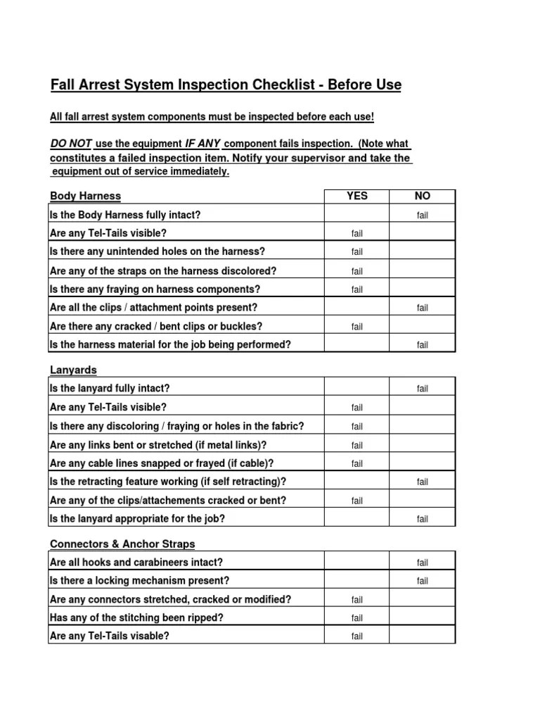 Total home inspectioninspection checklisttotal home inspection checklist use a checklist like this to make sure that you are looking at all parts of. Fall Arrest Pre Use Checklist Sample 05 Pdf