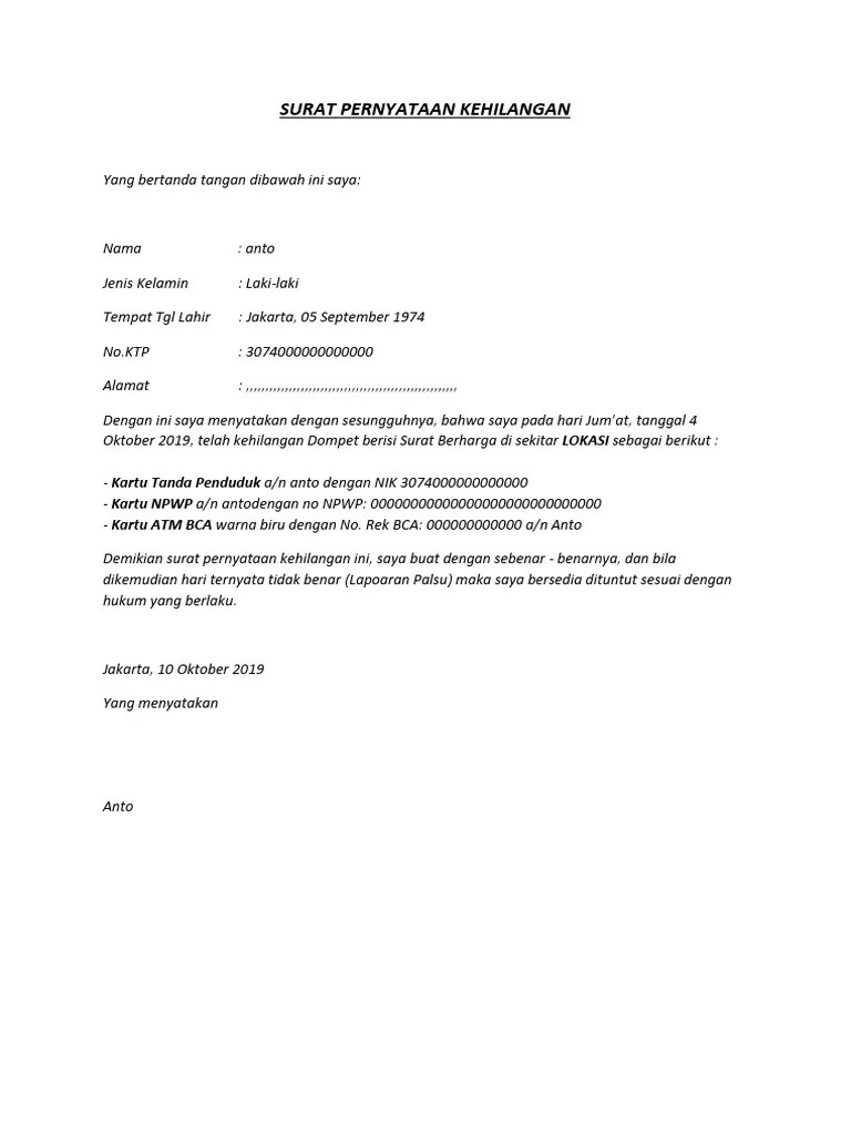 Contoh Surat Pernyataan Kehilangan | PDF