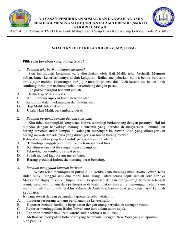 Kunci Jawaban Soal Try Out Bahasa Indonesia Smk Kumpulan Contoh Surat Dan Soal Terlengkap 