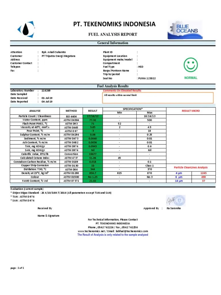 Pt. Tekenomiks Indonesia: Fuel Analysis Report | PDF | Chemistry | Materials