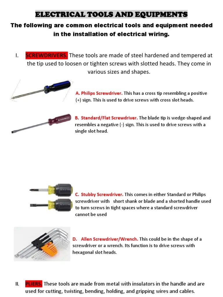 Electrical Tools And Equipments | PDF | Wire | Electrical Components
