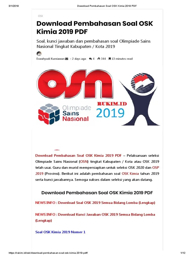 Download soal kunci jawaban osn sma tahun 2019 9 bidang. Pembahasan Soal Osk Kimia 2019 No 1 10