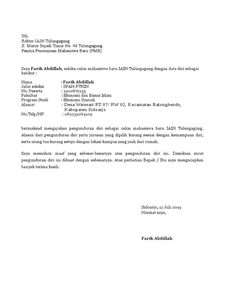 Contoh Surat Pengunduran Diri Mahasiswa Dari Universitas Contoh Surat 