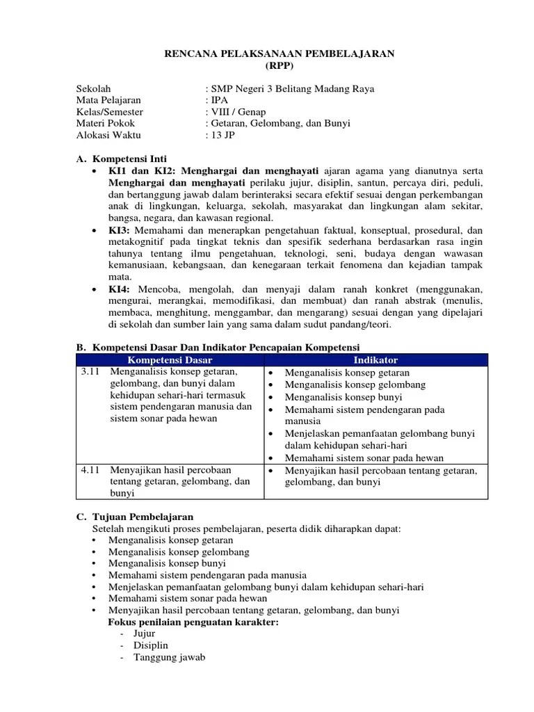 Materi bunyi smp kelas 8 semester 2 materi gelombang bunyi kelas 8 meliputi bahasan pengantar gelombang bunyi apa itu panjang gelombang cepat rambat . Refisi Rpp Getaran Gelombang Pdf