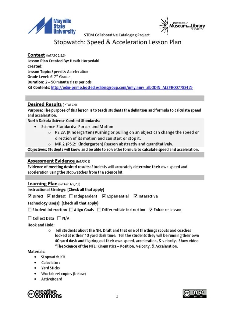 Stopwatch Speed Acceleration Lesson Plan Context Pdf Speed
