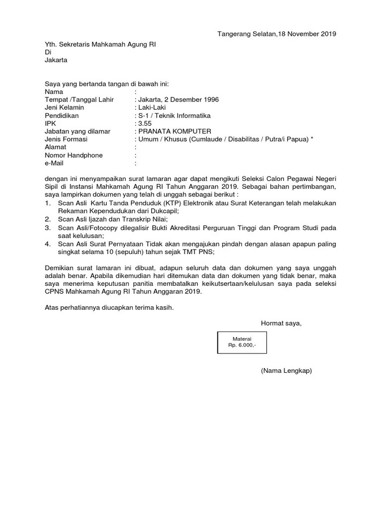 (skd) cpns mahkamah agung republik indonesia tahun anggaran 2021, . Surat Lamaran Ma Pdf
