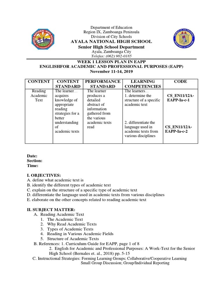 Week 1 Eapp Lessonplan | PDF | Lesson Plan | Learning