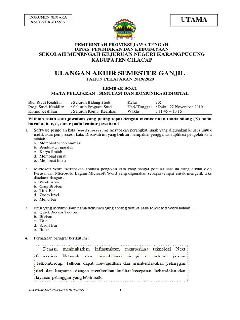Yayasan pondok pesantren darul anwar. Uas Simkomdig Smk Negeri Karangpucung Semester 1 Tahun Pelajaran 2019 2020 Pdf