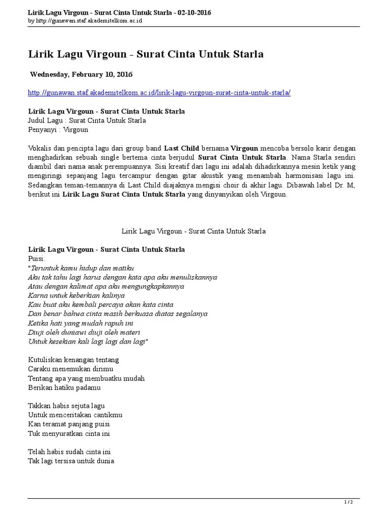 Songtekst van fitri handayani met puisi cinta kan je hier vinden op songteksten.nl. Lirik Lagu Virgoun Surat Cinta Untuk Starla Pdf