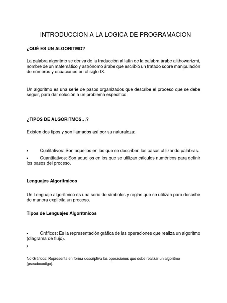 Introduccion A La Logica De Programacion | PDF | Algoritmos | Tipo De Datos