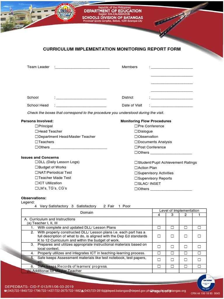 Depedbats Cid F 013 Curriculum-Implementation-Monitoring-Report-Form | PDF | Teachers | Curriculum